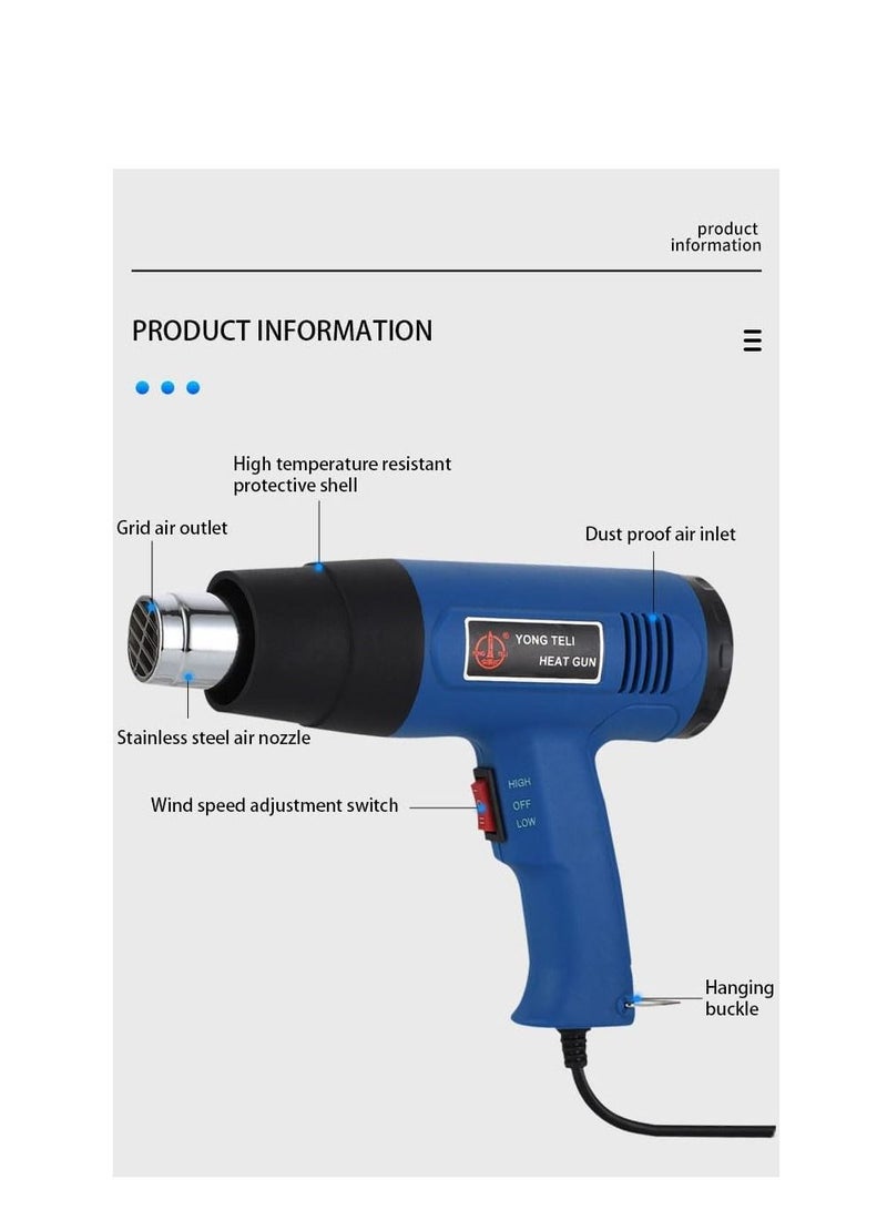 Corded Heat Gun Portable Hot Air Gun 1500W with 2 Temperature Gear for Shrink Wrapping, Industrial Plastic Soldering,Tube Bending,Automotive film,Removing Old Paint Film and Adhesives