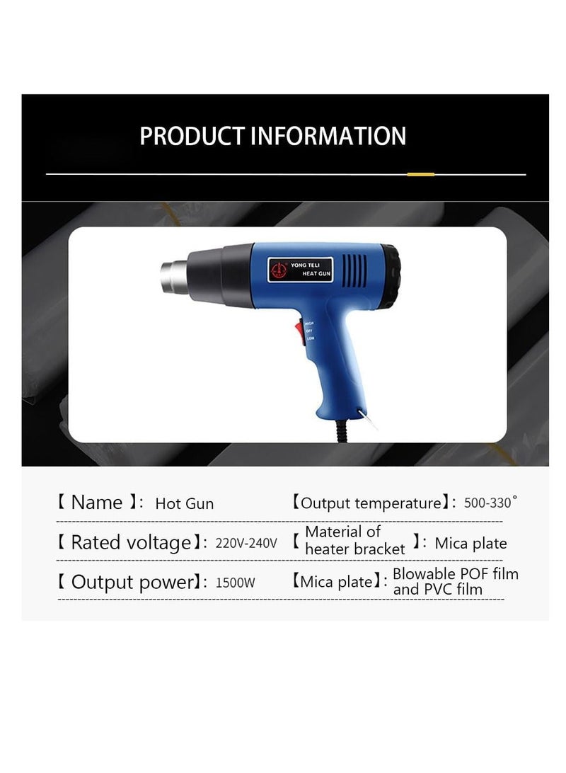 Corded Heat Gun Portable Hot Air Gun 1500W with 2 Temperature Gear for Shrink Wrapping, Industrial Plastic Soldering,Tube Bending,Automotive film,Removing Old Paint Film and Adhesives