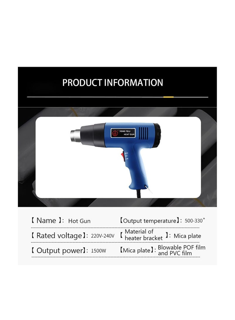 Corded Heat Gun Portable Hot Air Gun 1500W with 2 Temperature Gear for Shrink Wrapping, Industrial Plastic Soldering, Tube Bending, Automotive film, Removing Old Paint Film and Adhesives (Blue)