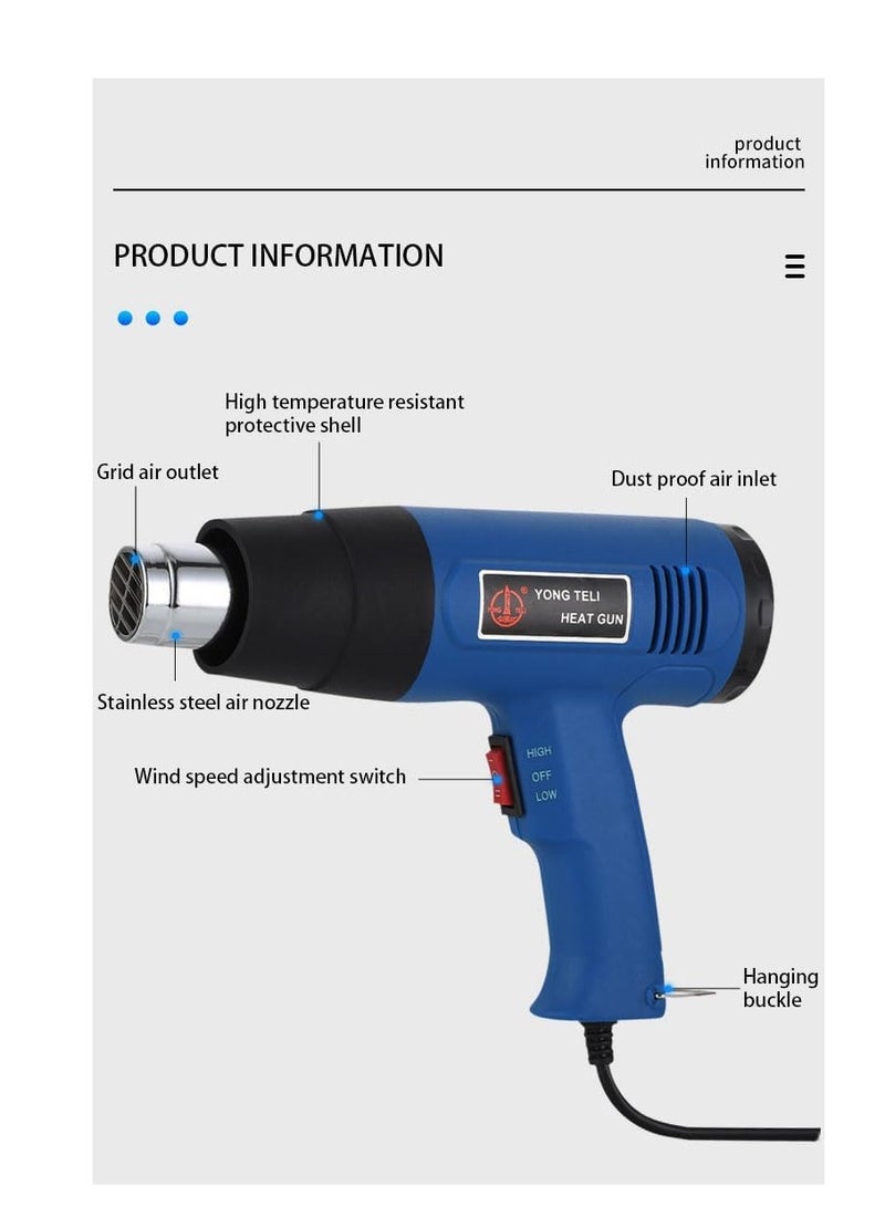 Corded Heat Gun Portable Hot Air Gun 1500W with 2 Temperature Gear for Shrink Wrapping, Industrial Plastic Soldering, Tube Bending, Automotive film, Removing Old Paint Film and Adhesives (Blue)