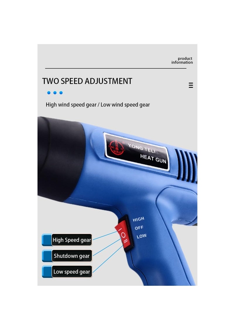 Corded Heat Gun Portable Hot Air Gun 1500W with 2 Temperature Gear for Shrink Wrapping, Industrial Plastic Soldering, Tube Bending, Automotive film, Removing Old Paint Film and Adhesives (Blue)