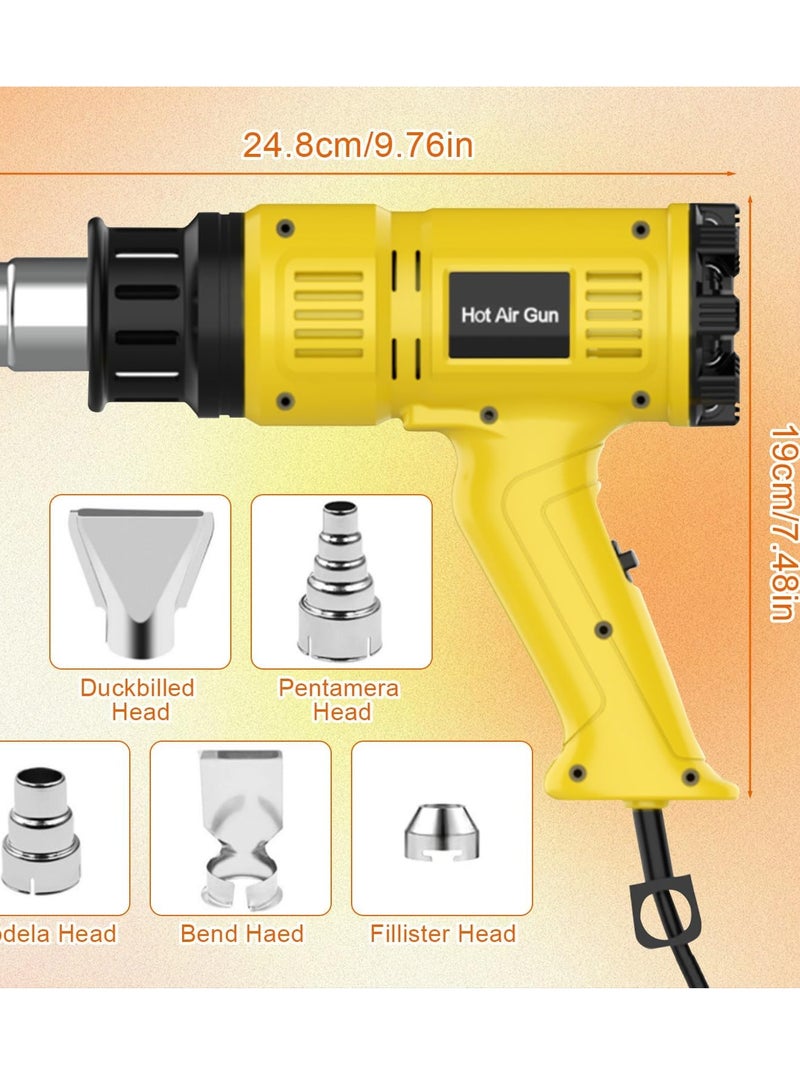 Heat Gun, 2000W Professional Hot Air Gun 60℃ -600 ℃ Variable Temperature Control, 7 Accessories for Shrink Pipe, 2-Temp Setting, Overload Protection, Fast Heating