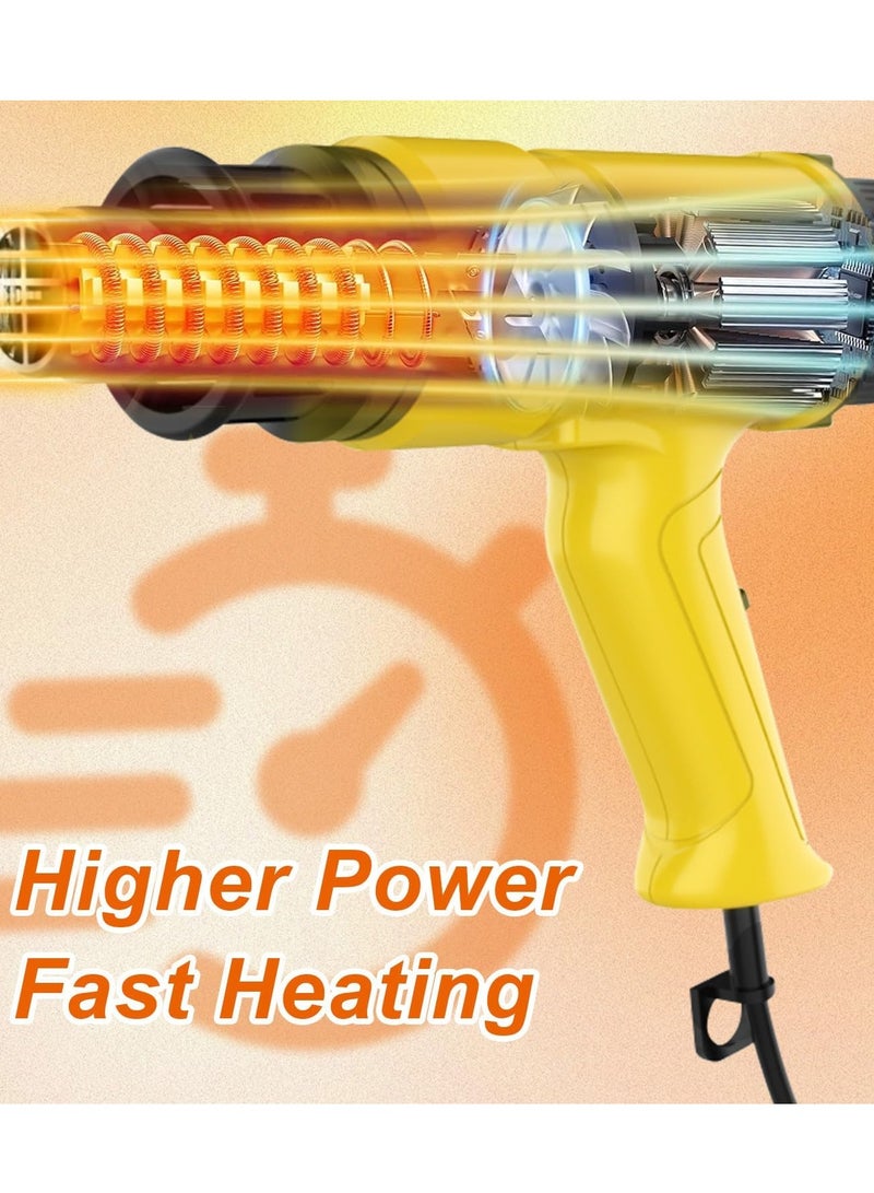 Heat Gun, 2000W Professional Hot Air Gun 60℃ -600 ℃ Variable Temperature Control, 7 Accessories for Shrink Pipe, 2-Temp Setting, Overload Protection, Fast Heating