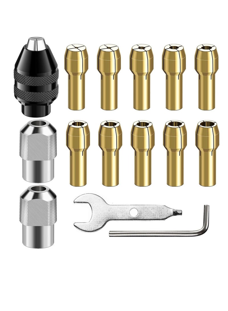 4486 Multi Chuck Set 15Pcs, Brass Collet Set, Drill Chuck Adapter, M8 Collet Nut Kit, Quick Screwdriver Drill Adapter, 0.8-3.2mm Replacement Keyless Quick Change Chuck Rotary Tool Accessory Compatible