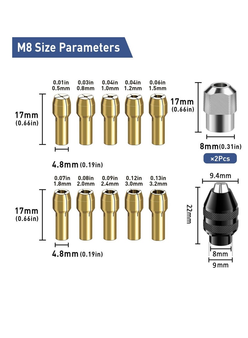 4486 Multi Chuck Set 15Pcs, Brass Collet Set, Drill Chuck Adapter, M8 Collet Nut Kit, Quick Screwdriver Drill Adapter, 0.8-3.2mm Replacement Keyless Quick Change Chuck Rotary Tool Accessory Compatible