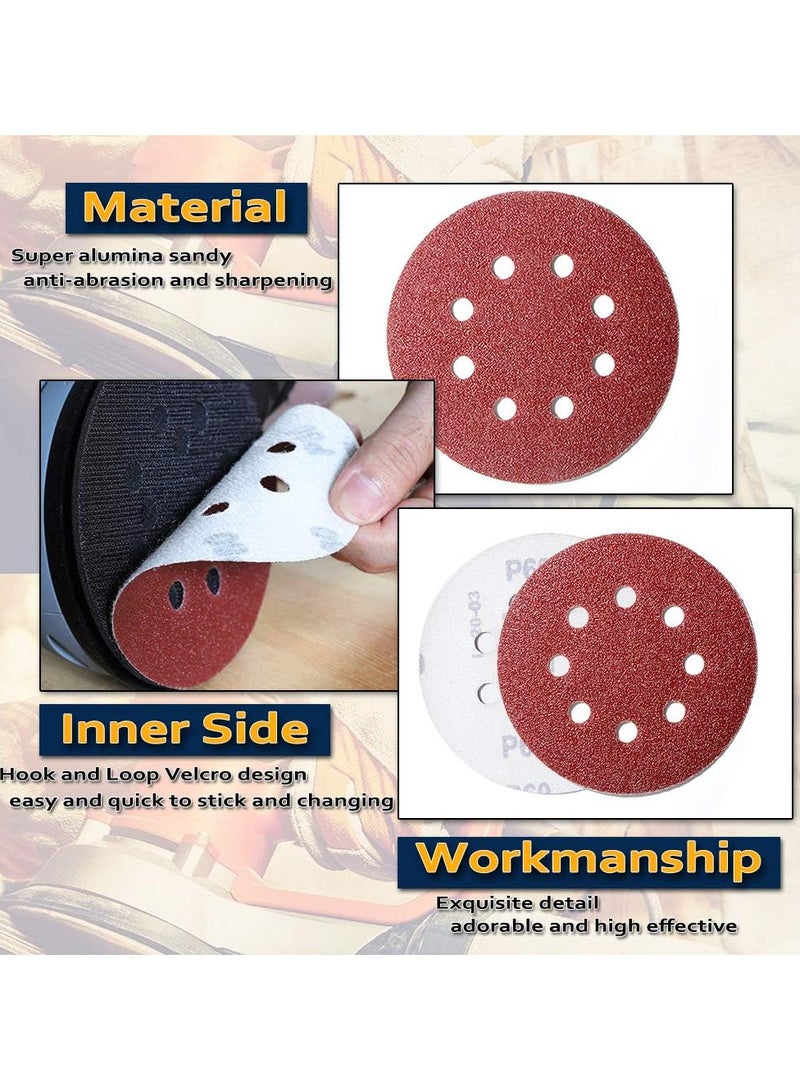 100-Piece 8 Holes 125mm Sanding Discs Sandpaper (Hook and Loop 20x80/120/180/240/320 Mixed Grit)5 Inch  Sandpaper Set for Sanding Grinders, Polishing Tools, Orbital Sanders