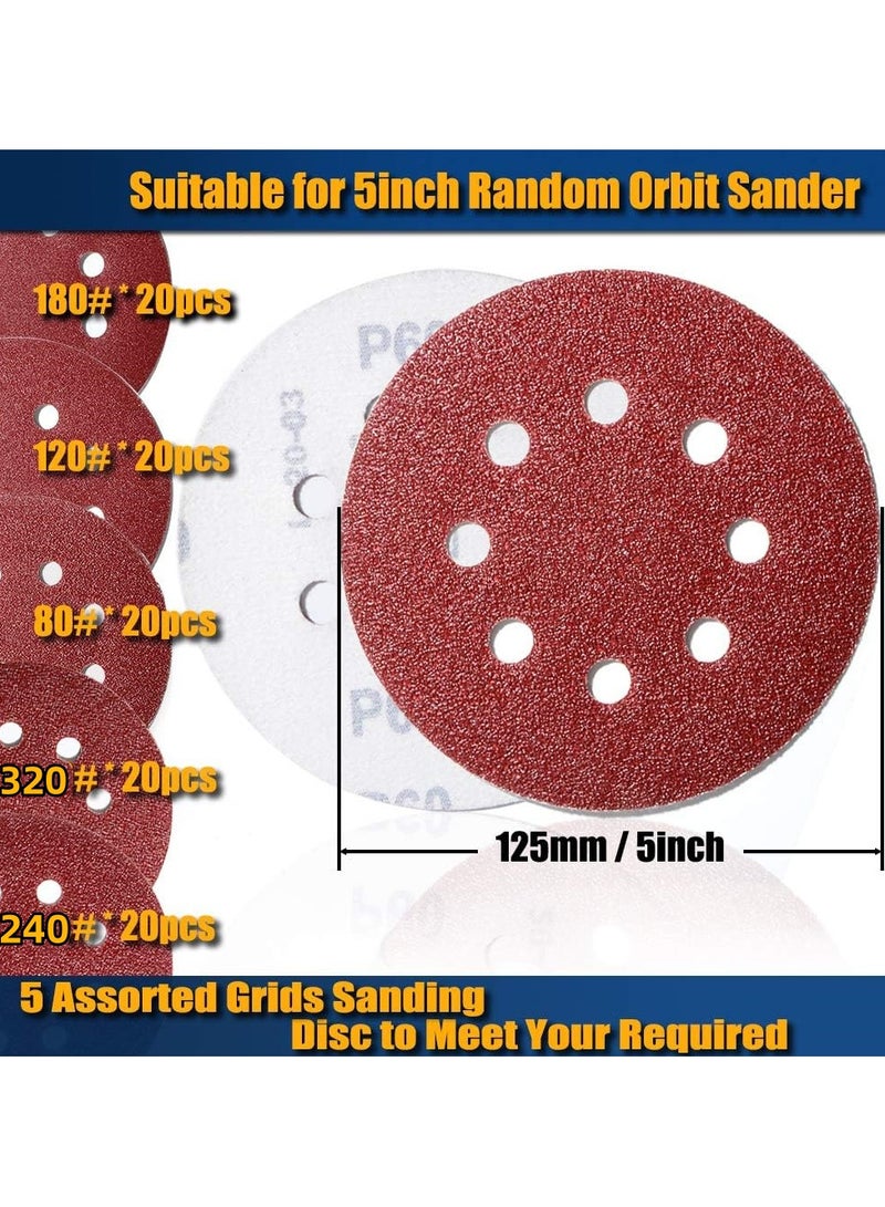 100-Piece 8 Holes 125mm Sanding Discs Sandpaper (Hook and Loop 20x80/120/180/240/320 Mixed Grit)5 Inch  Sandpaper Set for Sanding Grinders, Polishing Tools, Orbital Sanders