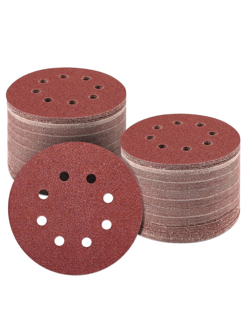 100-Piece 8 Holes 125mm Sanding Discs Sandpaper (Hook and Loop 20x80/120/180/240/320 Mixed Grit)5 Inch  Sandpaper Set for Sanding Grinders, Polishing Tools, Orbital Sanders