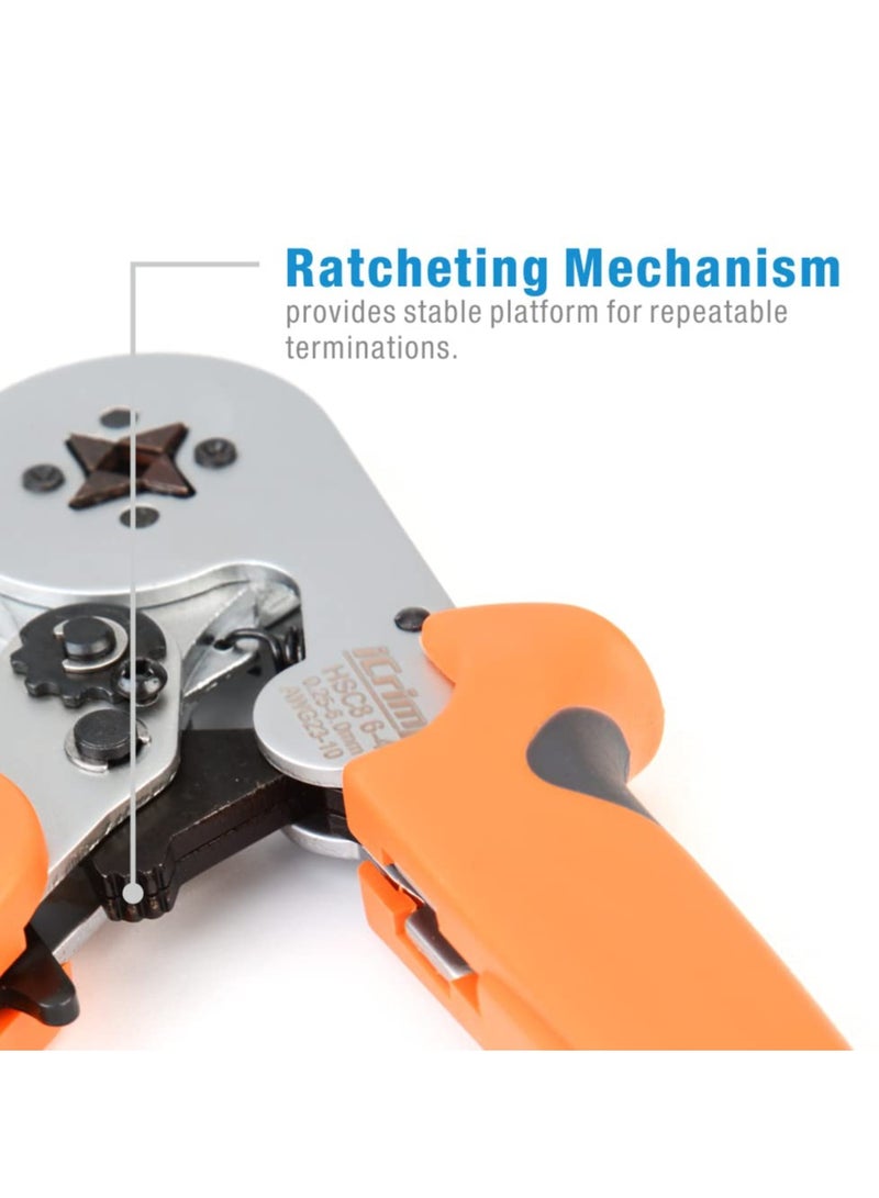 Wire Ferrule Crimping Tool, Square Self-Adjustable, for AWG23-10 Bootlace End-Sleeves Ferrule, Ratcheting Wire Crimping Plier