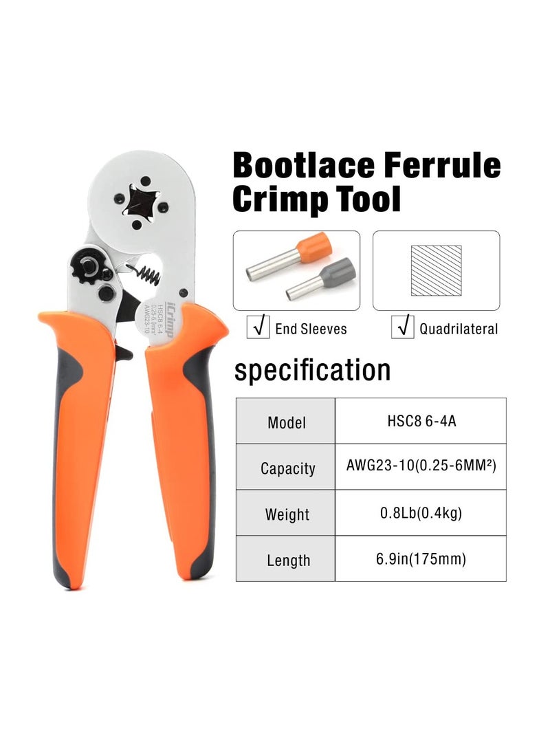 Wire Ferrule Crimping Tool, Square Self-Adjustable, for AWG23-10 Bootlace End-Sleeves Ferrule, Ratcheting Wire Crimping Plier