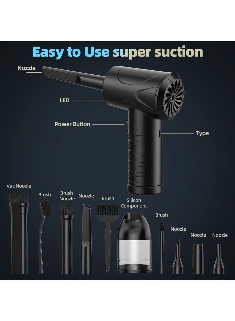SYOSI Compressed Air Duster, 3-Gear Adjustable 100,000RPM Air Duster, Handheld 2 in 1 Air Duster & Vacuum Cleaner, Portable Mini Air Duster Kit with LED Light for Car, PC, Keyboard, Carpet