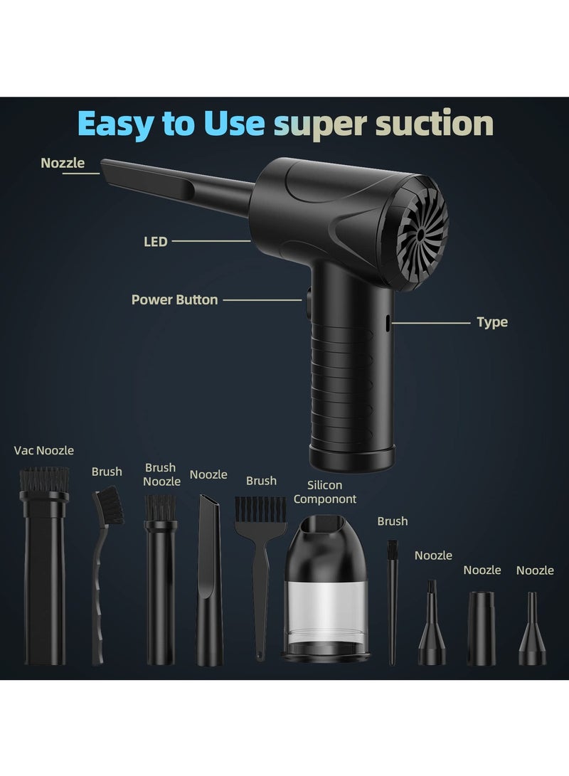 SYOSI Compressed Air Duster, 3-Gear Adjustable 100,000RPM Air Duster, Handheld 2 in 1 Air Duster & Vacuum Cleaner, Portable Mini Air Duster Kit with LED Light for Car, PC, Keyboard, Carpet