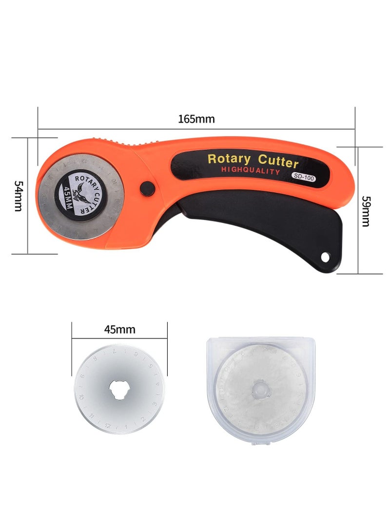 45mm Rotary Cutter, Fabric Cutter with 5pcs Extra Blades Ergonomic Handle Rolling Safety Lock for Fabric, Leather, Crafting, Sewing, Quilting, Left & Right Hand（Orange）