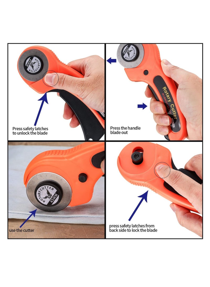 45mm Rotary Cutter, Fabric Cutter with 5pcs Extra Blades Ergonomic Handle Rolling Safety Lock for Fabric, Leather, Crafting, Sewing, Quilting, Left & Right Hand（Orange）