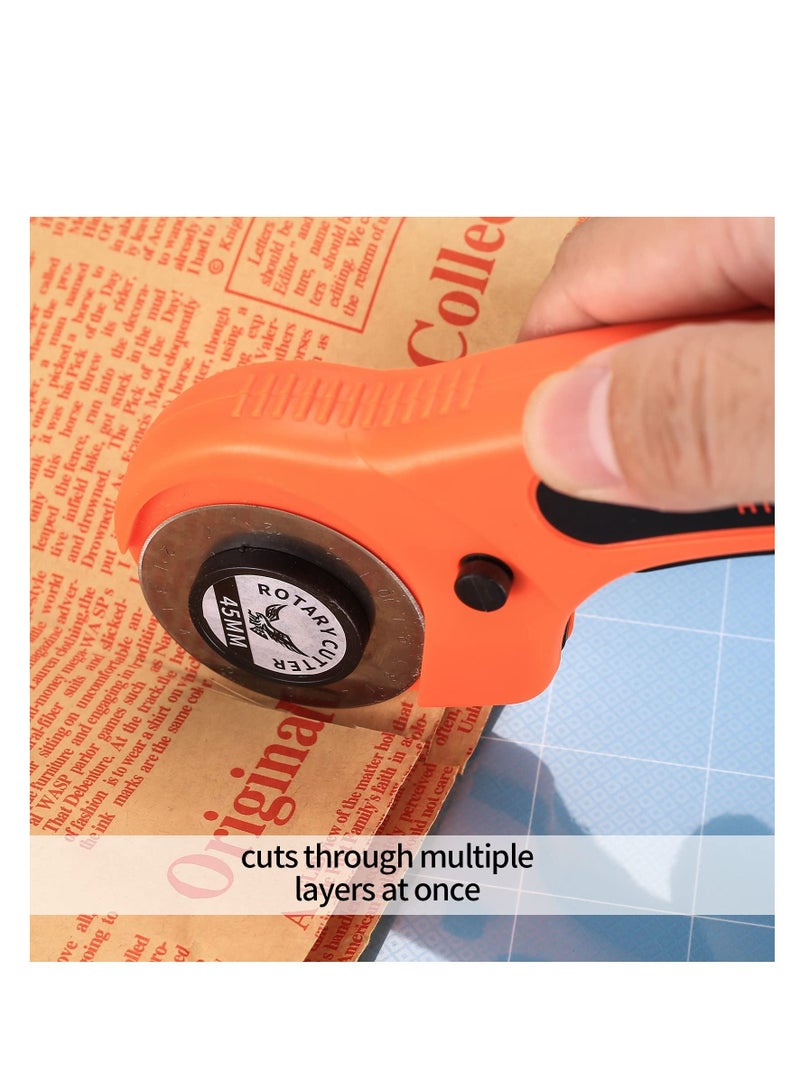 45mm Rotary Cutter, Fabric Cutter with 5pcs Extra Blades Ergonomic Handle Rolling Safety Lock for Fabric, Leather, Crafting, Sewing, Quilting, Left & Right Hand（Orange）