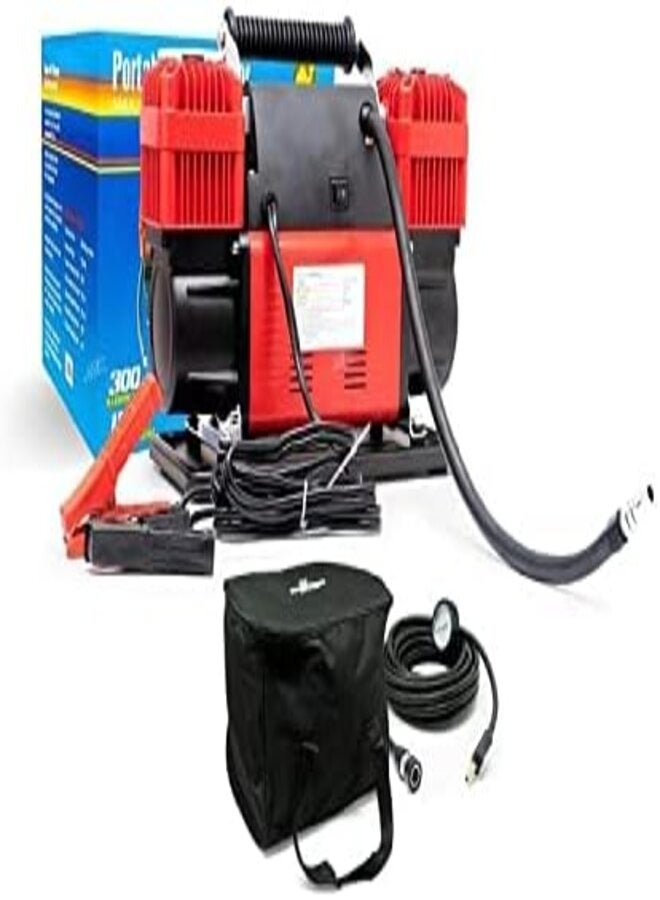 Air Compressor Inflator 300LPM Maximum Output 150PSI Maximum Pressure, Rubber anti-vibration feet, 8ft Power Cord with Battery Clamps