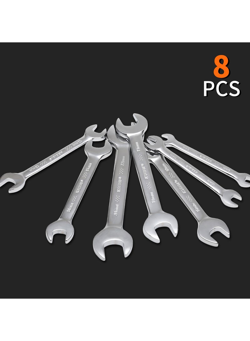 Double Open End Spanner Wrench Set 8-PC/Rack, 6x7-20x22mm, V- Chrome Vanadium Steel, with Plastic Tray, Ideal for Home/Plumbing, Maintenance Auto Repair, Installing and Repairing Pipes, Ignition Wrench Set.