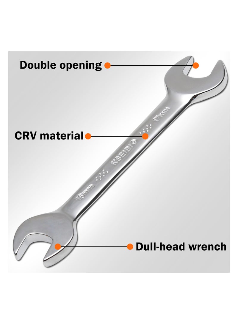 Double Open End Spanner Wrench Set 8-PC/Rack, 6x7-20x22mm, V- Chrome Vanadium Steel, with Plastic Tray, Ideal for Home/Plumbing, Maintenance Auto Repair, Installing and Repairing Pipes, Ignition Wrench Set.