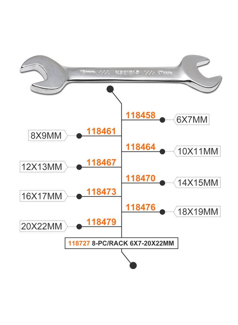 Double Open End Spanner Wrench Set 8-PC/Rack, 6x7-20x22mm, V- Chrome Vanadium Steel, with Plastic Tray, Ideal for Home/Plumbing, Maintenance Auto Repair, Installing and Repairing Pipes, Ignition Wrench Set.