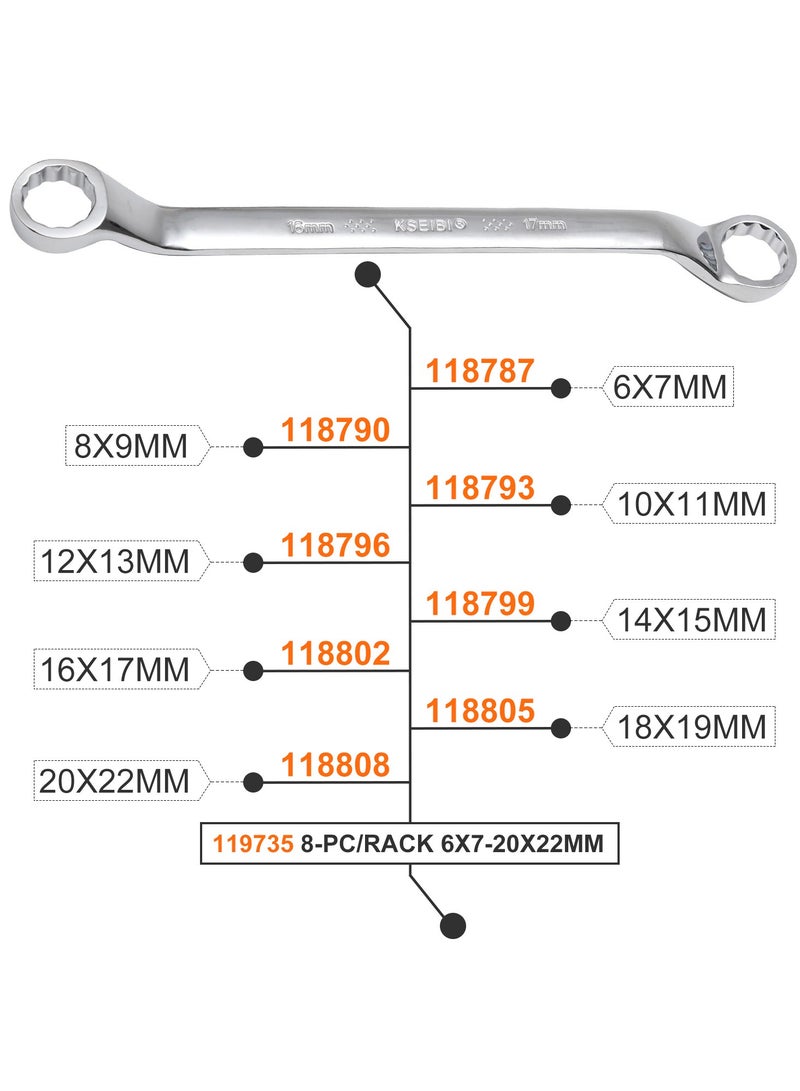 Double Ring Spanner Wrench Set 8- PC/6x7 - 20x22mm, Chrome Vanadium, Max Torque, Chrome Vanadium Steel, with Storage Rack, Ideal for Getting into Tight Spots, Automotive Repair, Plumbing, DIY.