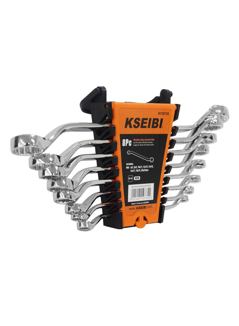 Double Ring Spanner Wrench Set 8- PC/6x7 - 20x22mm, Chrome Vanadium, Max Torque, Chrome Vanadium Steel, with Storage Rack, Ideal for Getting into Tight Spots, Automotive Repair, Plumbing, DIY.