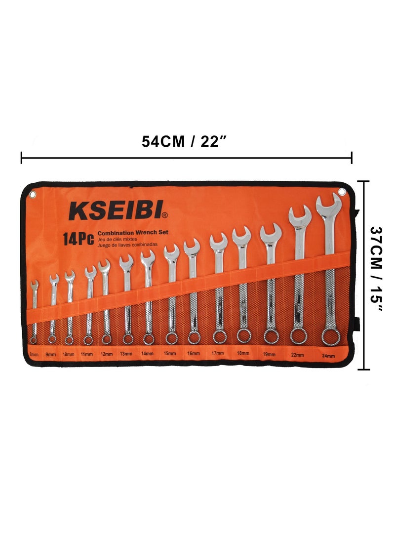 Combination Spanner Wrench Set 14-Pc/Cloth Bag Metric, Chrome Vanadium, Tightens/Loosens Nuts and Bolts, For Mechanical and Automotive Work, Fixing Bicycles, Installing Home Appliances.