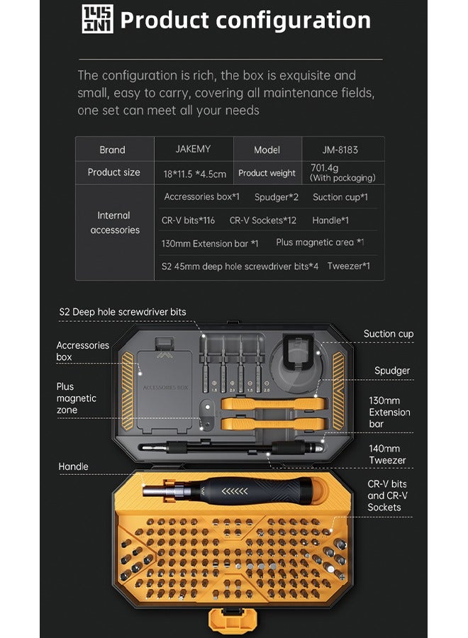 145 in 1 Jakemy JM-8183 Precision Screwdriver Set Magnetic Replaceable Bits Sockets Spudger Opening Tool Tweezer for Smartphones PC Electronics