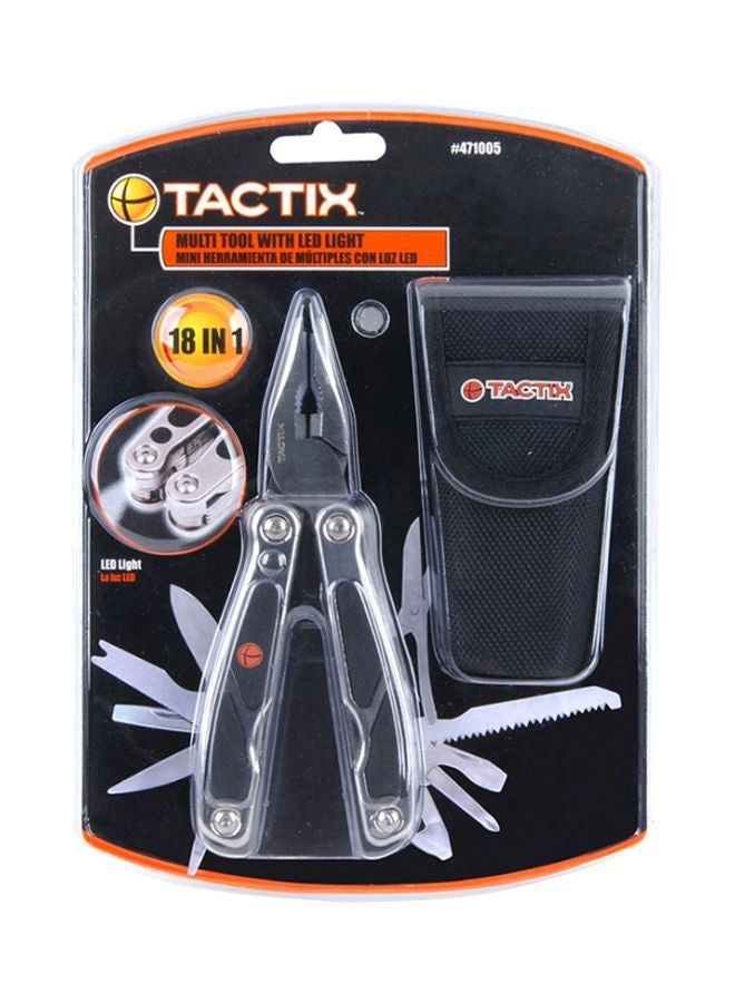 Tactix 18 in 1 Multi tool with LED Light for EDC, Pocket Knife, Nose Pliers and Wire Stripper Tools, Gifts for Men, Survival and Camping Gear, Stainless Steel- 471005 Silver/Black