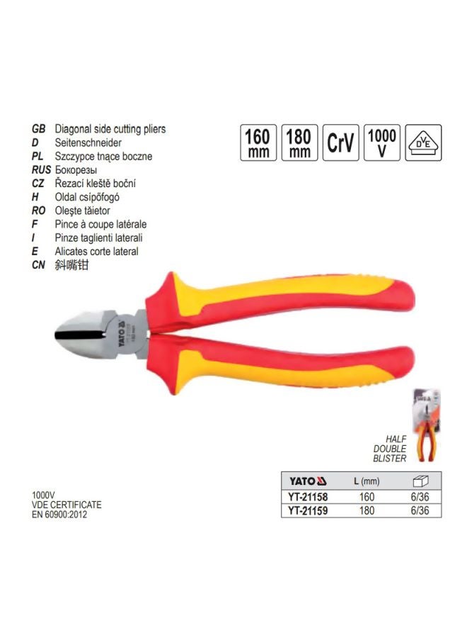 Insulated Side Cutting Plier 180mm VDE-1000V YT-21159 Silver/Yellow/Red