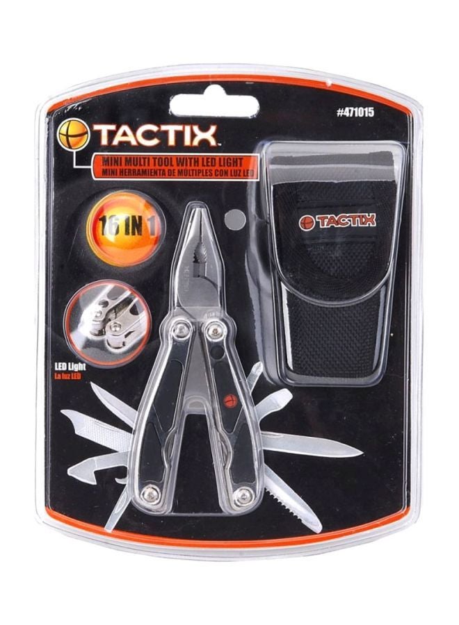 Tactix Mini Multitool with LED Light - Features Long Nose Pliers, Wire Cutter, Knife, Saw Blade, Screwdrivers and More, Silver- 471015 Silver/Black 23.7x13.4x4.1cm