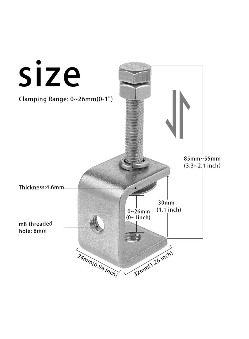 2 Pack 304 Stainless Steel Small C Clamps, 1 Inch Mini C-Clamps Heavy Duty With Wide Jaw Opening for Woodworking and Welding Mounting, Suitable Home Professional Use (30mm)