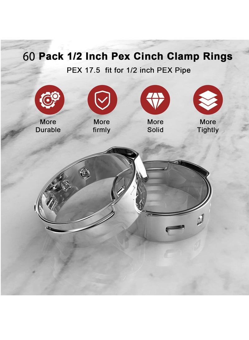 60 Pack 0.5 Inch PEX Cinch Clamps, Premium 304 Stainless Steel Crimp Rings, Secure Tubing Pipe Fittings Connection, Fitting Clamps Pinch Ring