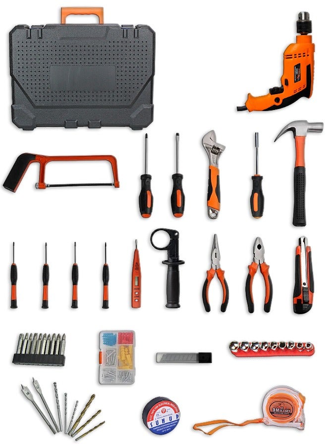 Automotive and Household Tool Set - Hammer Drill Tool Kit - Home DIY Tool - Tool Kits for Men - Contains Impact Drill, Screwdriver, Claw Hammer, Wrench, Pliers, Utility Knife, Saw, Tape Measure