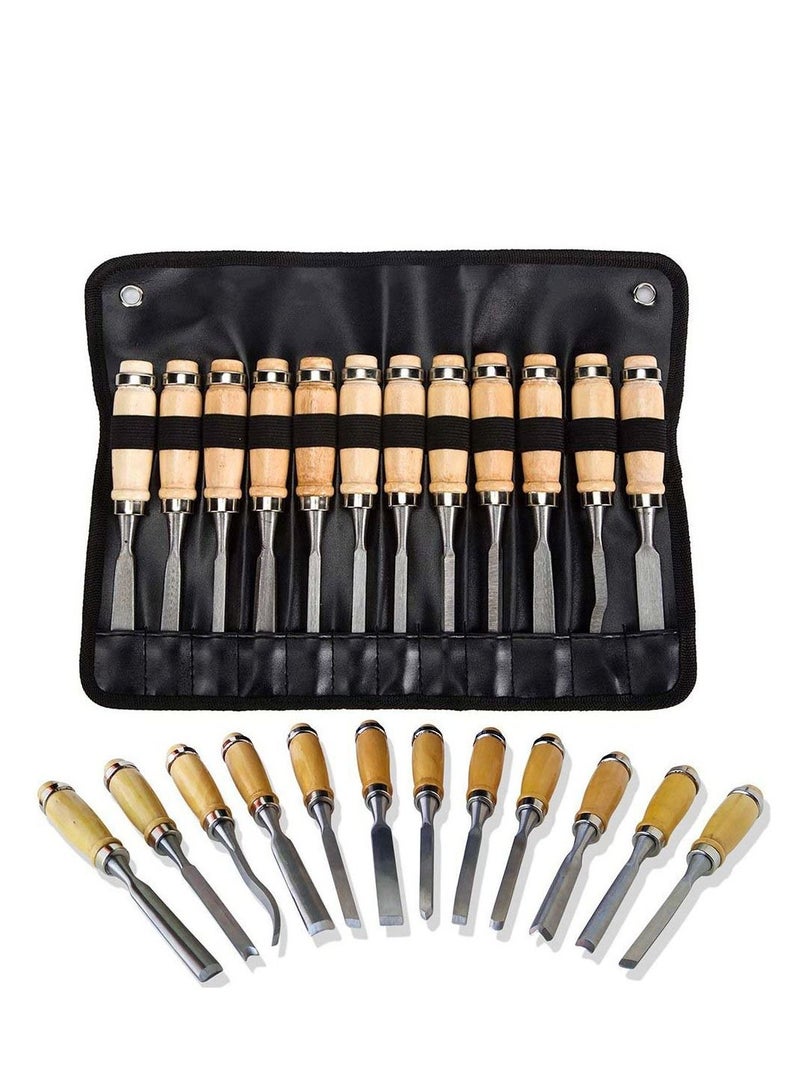 12 Pcs Professional Wood Carving Chisel Set Sharp Woodworking Tools with Carrying Bag Great for Beginners