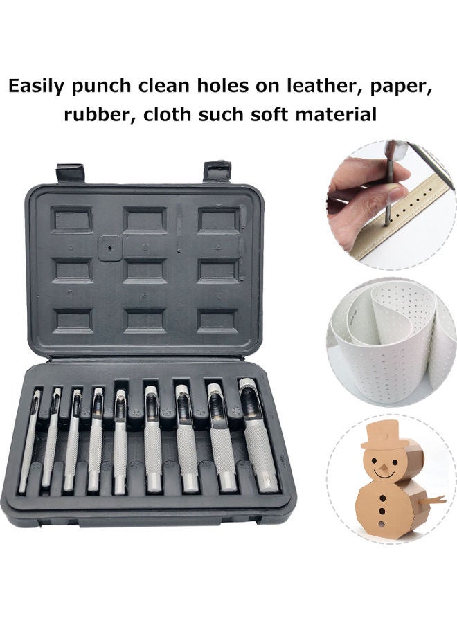 9-Piece Hollow Punch Set With Toolbox Silver 19.00x5.00x14.00cm