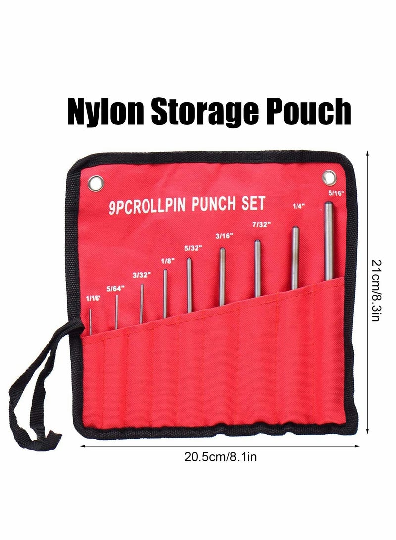 Roll Pin Punch Set, 9 Pcs Center Punch Set with Storage Pouch, 40CR Steel Removing Repair Tool Metal Pin Punch