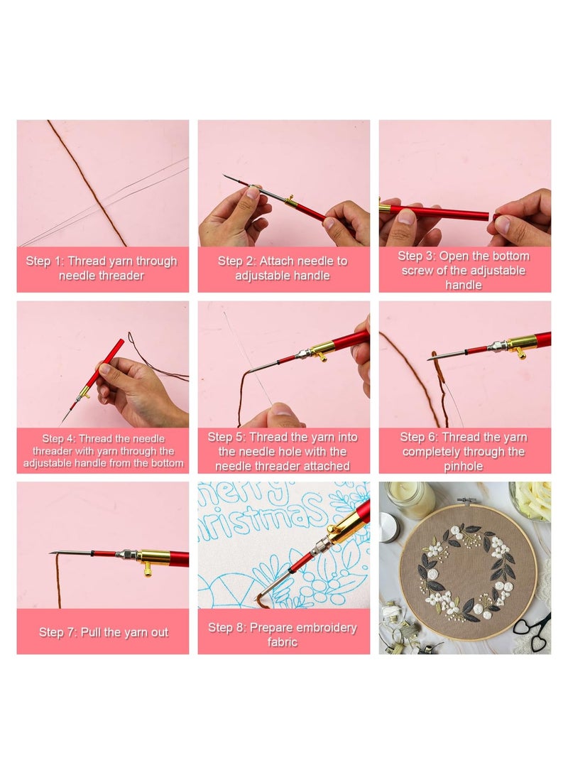 13pcs Punch Needle Kits Adjustable Punch Needle Tool Embroidery Needles Set Sewing Art Needles with 7 Size Punch Needle Heads Seam Ripper for Adults Beginner Floss Cross Stitch DIY Craft