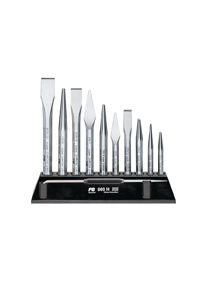 PB 860 H Flat and cross-cut chisel, center punch, drift punches, scriber, set with table stand