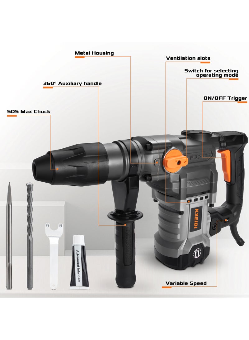 Rotary Hammer 1600W with Speed 0-630 Rpm, Heavy Duty Hammers w/Safety Clutch Including Point Chisel & Carrying Case. Electric Demolition Hammers for Concret, Drilling in Stone, Brick, Walls & Floors.