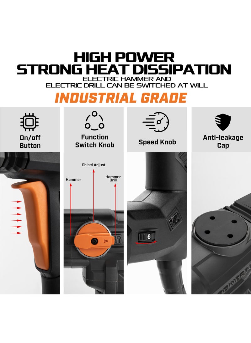 Rotary Hammer 1600W with Speed 0-630 Rpm, Heavy Duty Hammers w/Safety Clutch Including Point Chisel & Carrying Case. Electric Demolition Hammers for Concret, Drilling in Stone, Brick, Walls & Floors.