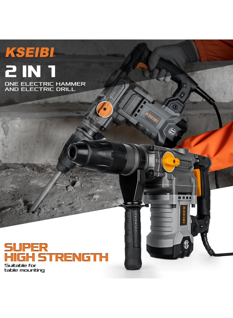 Rotary Hammer 1600W with Speed 0-630 Rpm, Heavy Duty Hammers w/Safety Clutch Including Point Chisel & Carrying Case. Electric Demolition Hammers for Concret, Drilling in Stone, Brick, Walls & Floors.