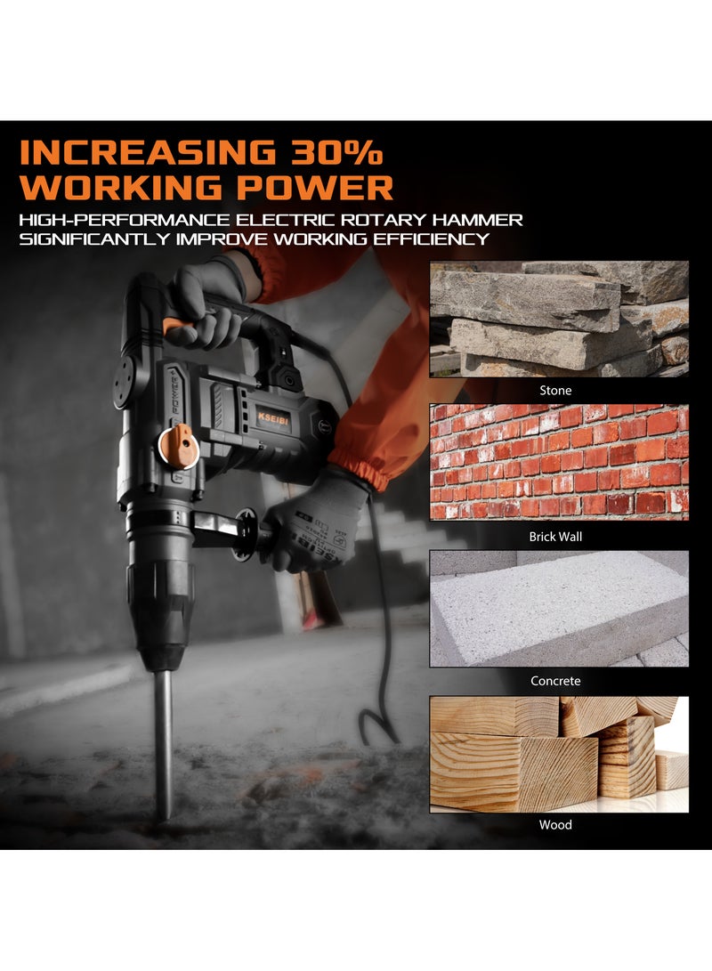 Rotary Hammer 1600W with Speed 0-630 Rpm, Heavy Duty Hammers w/Safety Clutch Including Point Chisel & Carrying Case. Electric Demolition Hammers for Concret, Drilling in Stone, Brick, Walls & Floors.