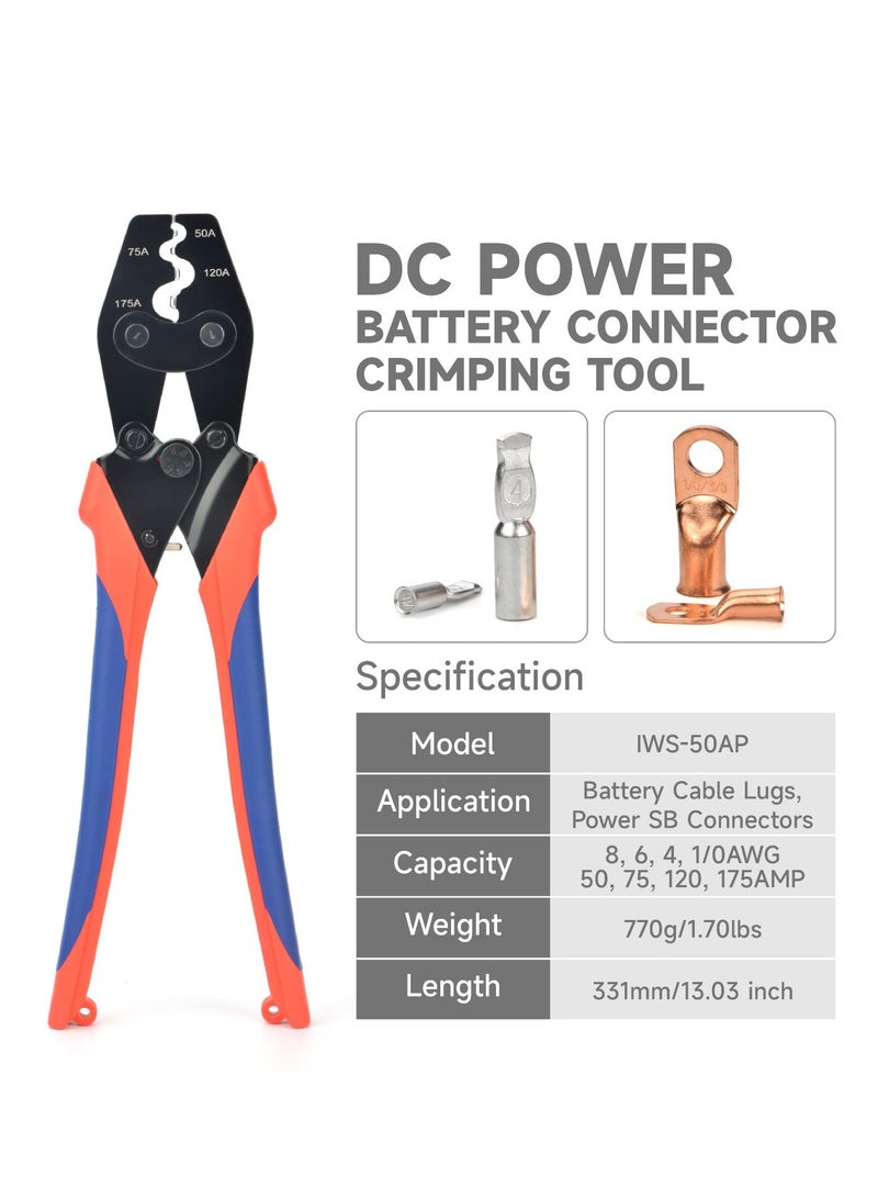 Battery Cable Crimping Tool for Power 50A & 75A Connectors, Anderson SB50 SB120 SB175 Connectors, AWG 8-1/0 Battery Cable Lugs - Professional Grade Crimper for Secure Power Connections
