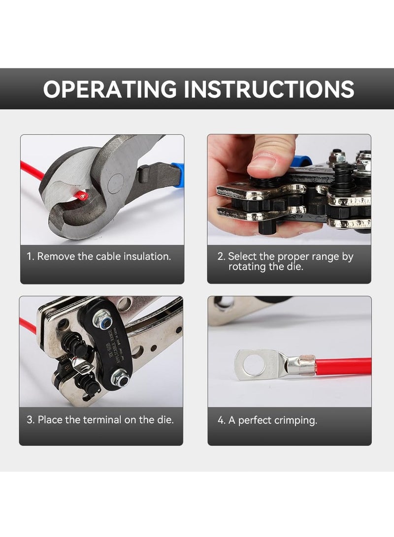 Battery Cable Crimping Tool Kit, AWG 1/0-8 with 60PCS Copper Ring Terminals, 8 Sizes, Heavy Duty Lug Crimper for Wire Lugs, Battery Terminals, Copper Lugs