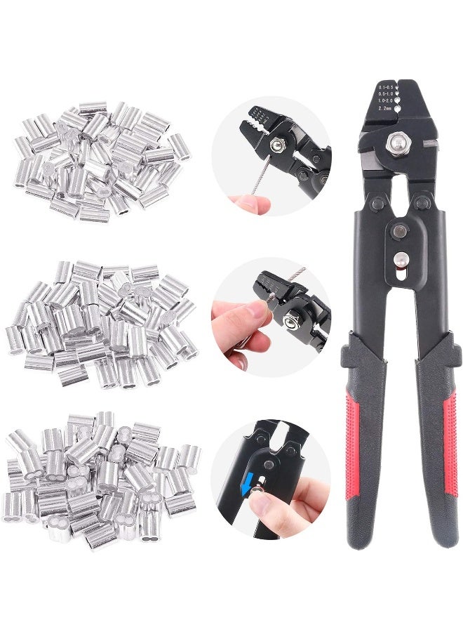 Up To 2.2Mm Wire Rope Crimping Tool Wire Rope Swager Crimper Fishing Crimping Tool With 180Pieces 1.2/1.5/2Mm Aluminum Double Barrel Ferrule Crimping Loop Sleeve Kit