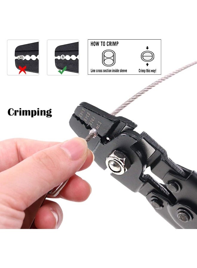 Up To 2.2Mm Wire Rope Crimping Tool Wire Rope Swager Crimper Fishing Crimping Tool With 180Pieces 1.2/1.5/2Mm Aluminum Double Barrel Ferrule Crimping Loop Sleeve Kit