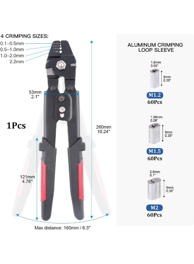 Up To 2.2Mm Wire Rope Crimping Tool Wire Rope Swager Crimper Fishing Crimping Tool With 180Pieces 1.2/1.5/2Mm Aluminum Double Barrel Ferrule Crimping Loop Sleeve Kit