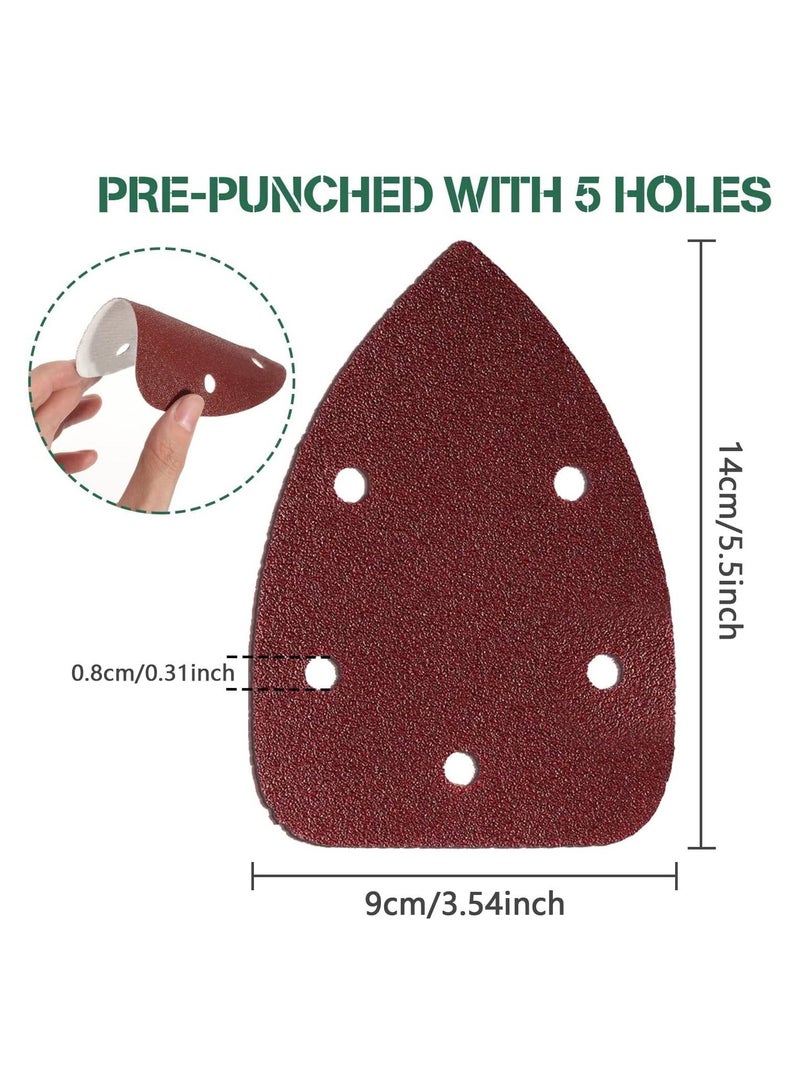 50 Pieces Mouse Detail Sander Pads Sanding Pads Sheets Hook and Loop Assorted 60/80/120/180/240 Grits Sander Paper - 5 Holes Triangle Sandpaper for Black and Decker Detail Palm Sander