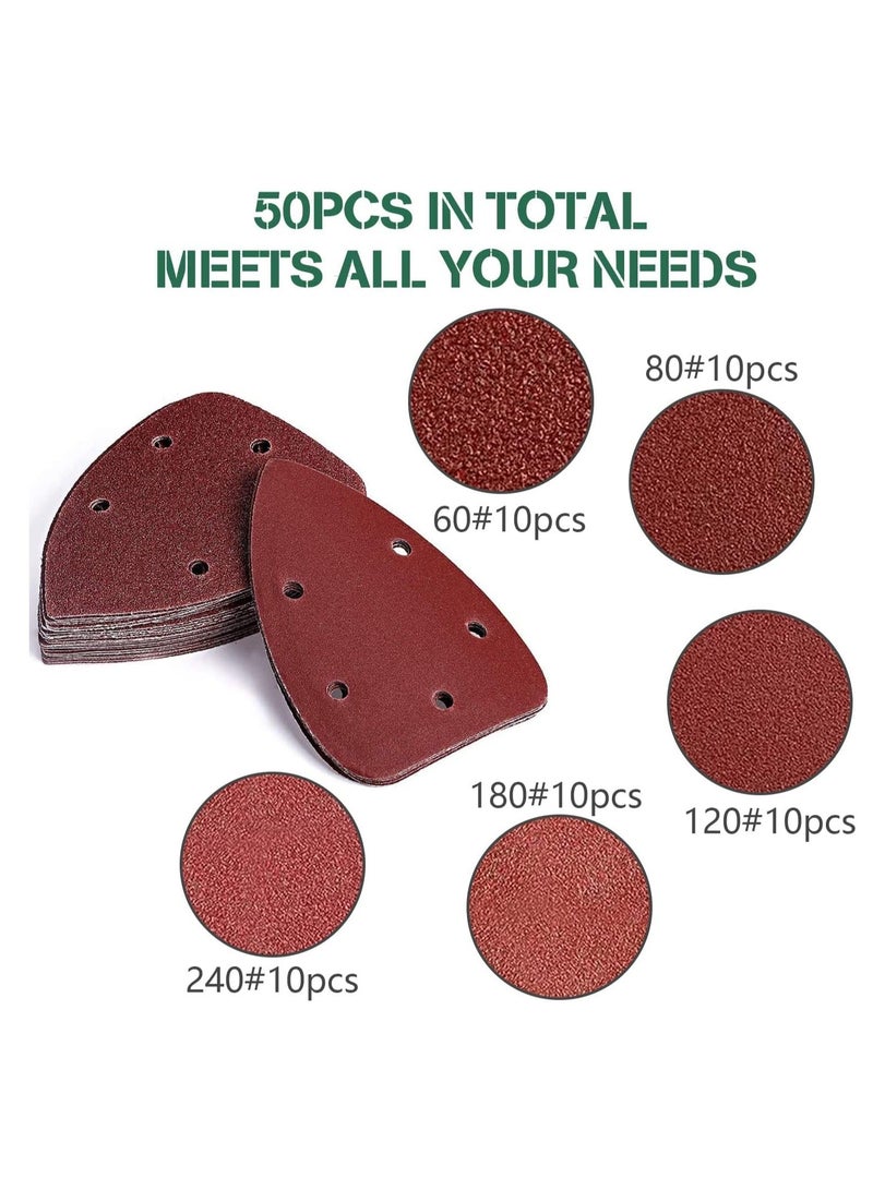 50 Pieces Mouse Detail Sander Pads Sanding Pads Sheets Hook and Loop Assorted 60/80/120/180/240 Grits Sander Paper - 5 Holes Triangle Sandpaper for Black and Decker Detail Palm Sander