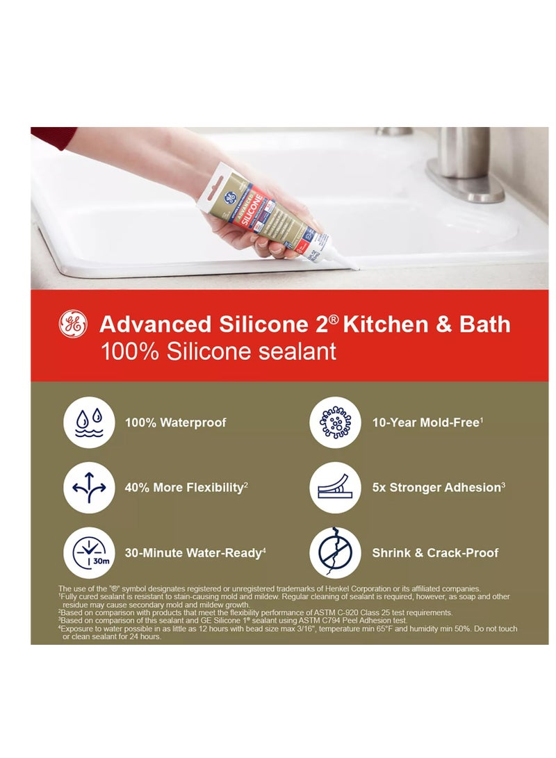 GE Advanced Silicone Caulk for Kitchen & Bathroom - 100% Waterproof Silicone Sealant, 5X Stronger Adhesion, Shrink & Crack Proof - 2.8 fl oz Tube, White, 1 Pack